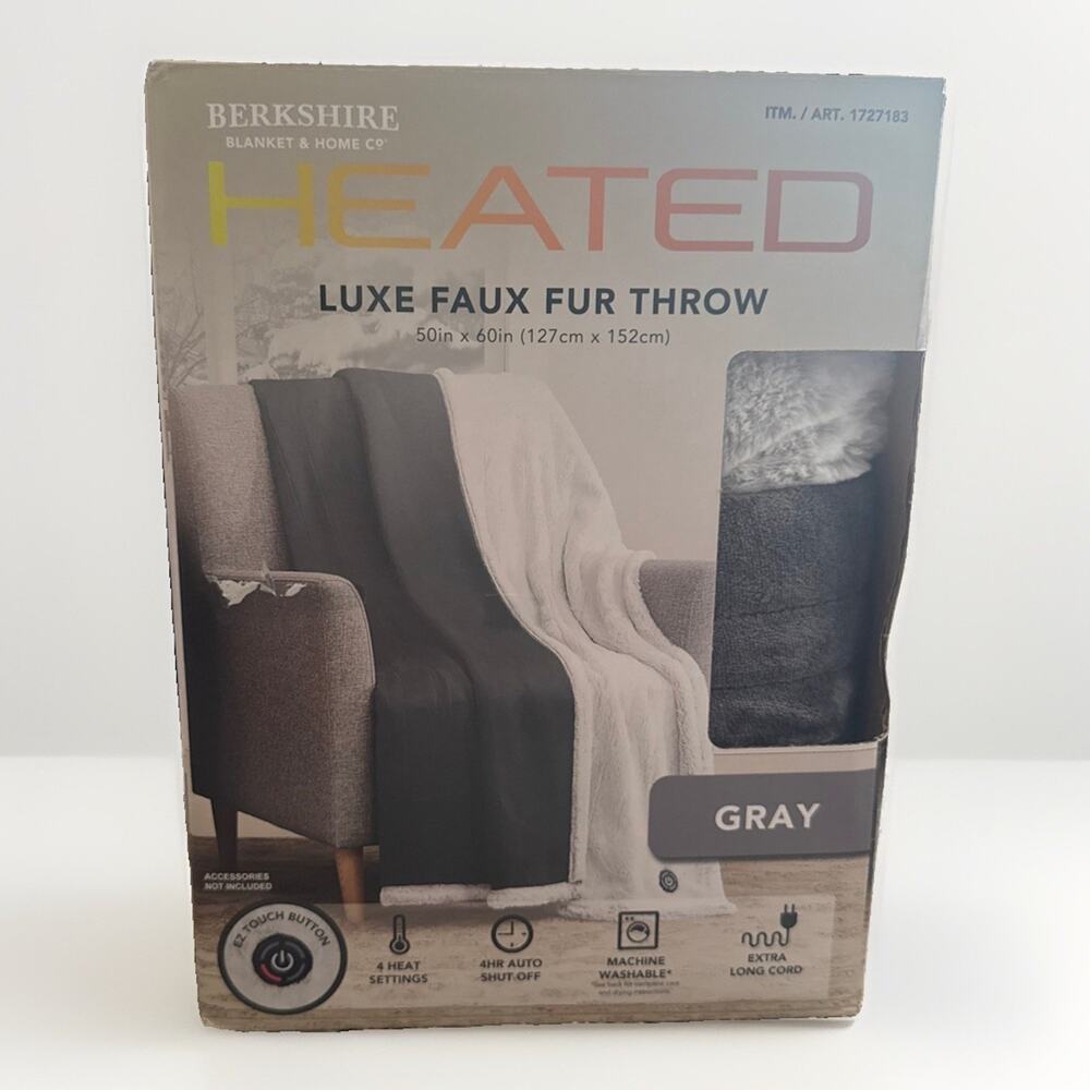 Berkshire Life Heated Luxe Faux Fur Throw, 50" X 60" Gray Brand New